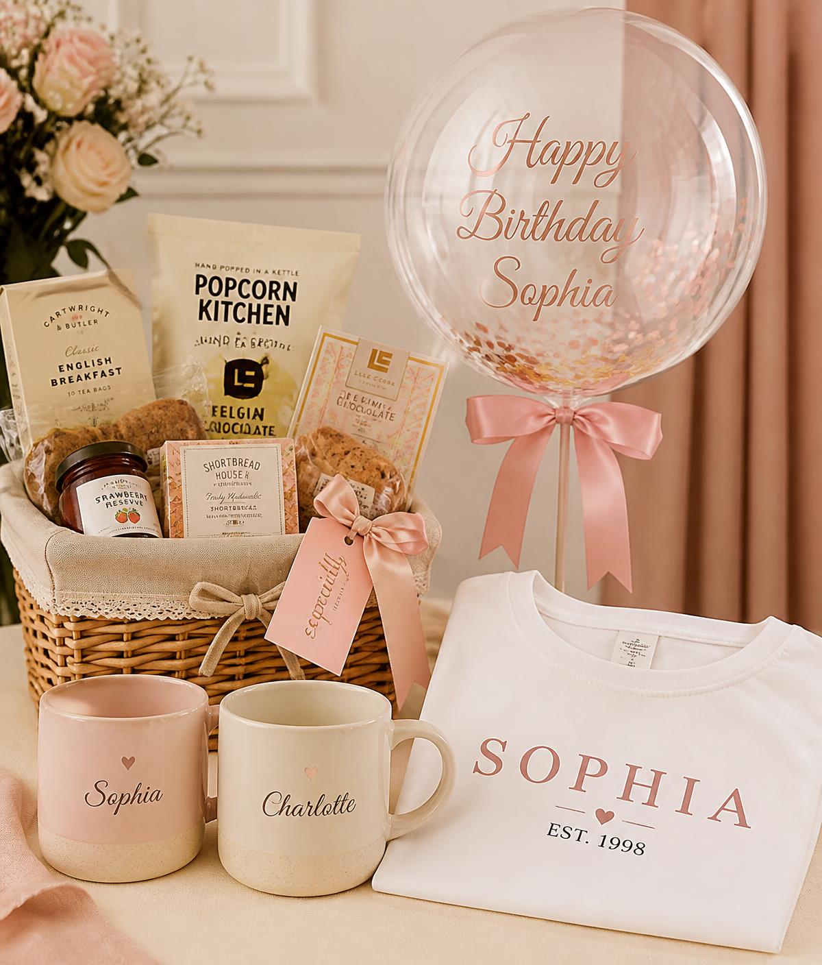 Composição com cesta de café personalizada, canecas com nomes, Balão Bubble e camiseta personalizada